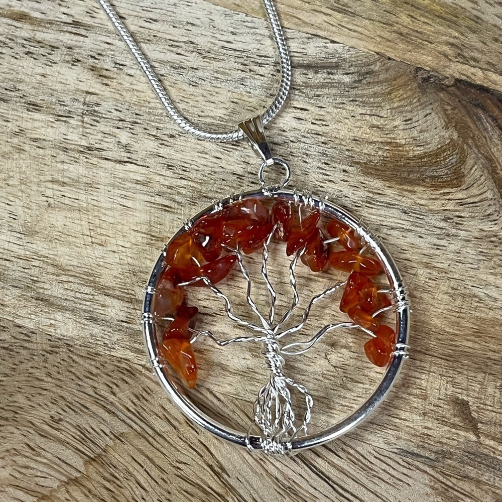 WIRE WRAPPED CARNELIAN TREE OF LIFE PENDANT WITH CHAIN